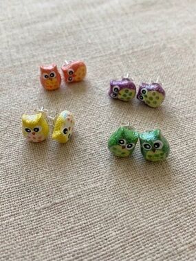 Claire’s Colorful Glitter Owl Stud Earring Set - Green, Yellow, Purple, Orange